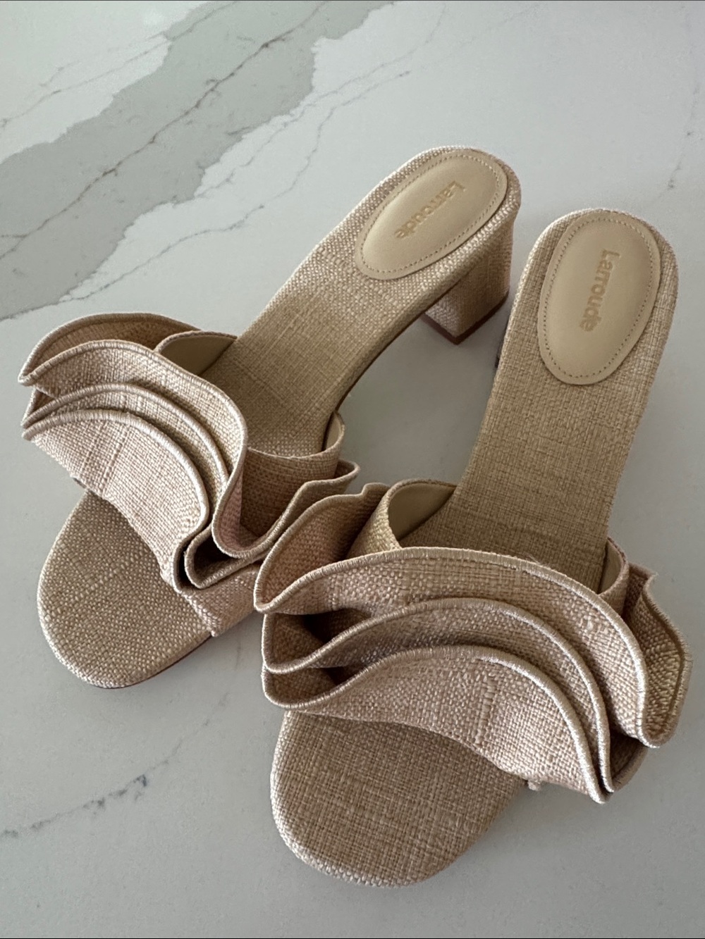 Larroude Neutral Beige Ruffle Block Heel Mules 10